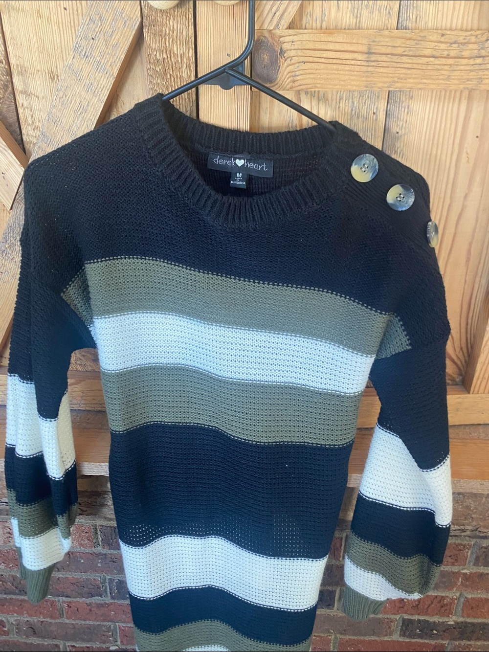 Derek Heart Black, Olive & White Striped Crewneck Sweater with Shoulder Buttons
